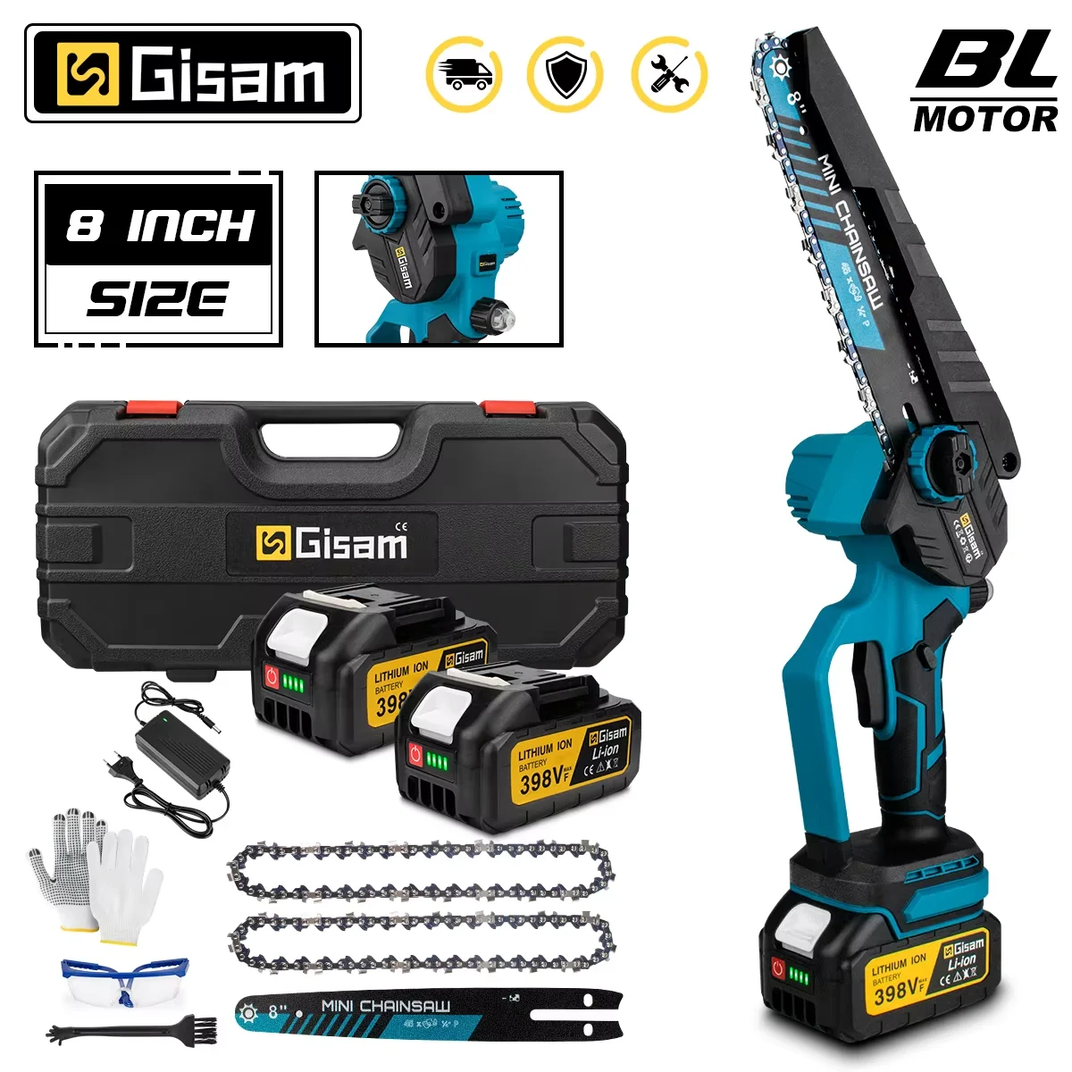 GISAM Motosserra Elétrica Brushless 8 Polegadas, serra elétrica sem fio para trabalhos em madeira e poda de jardim, compatível com pinos de bateria Makita 18V