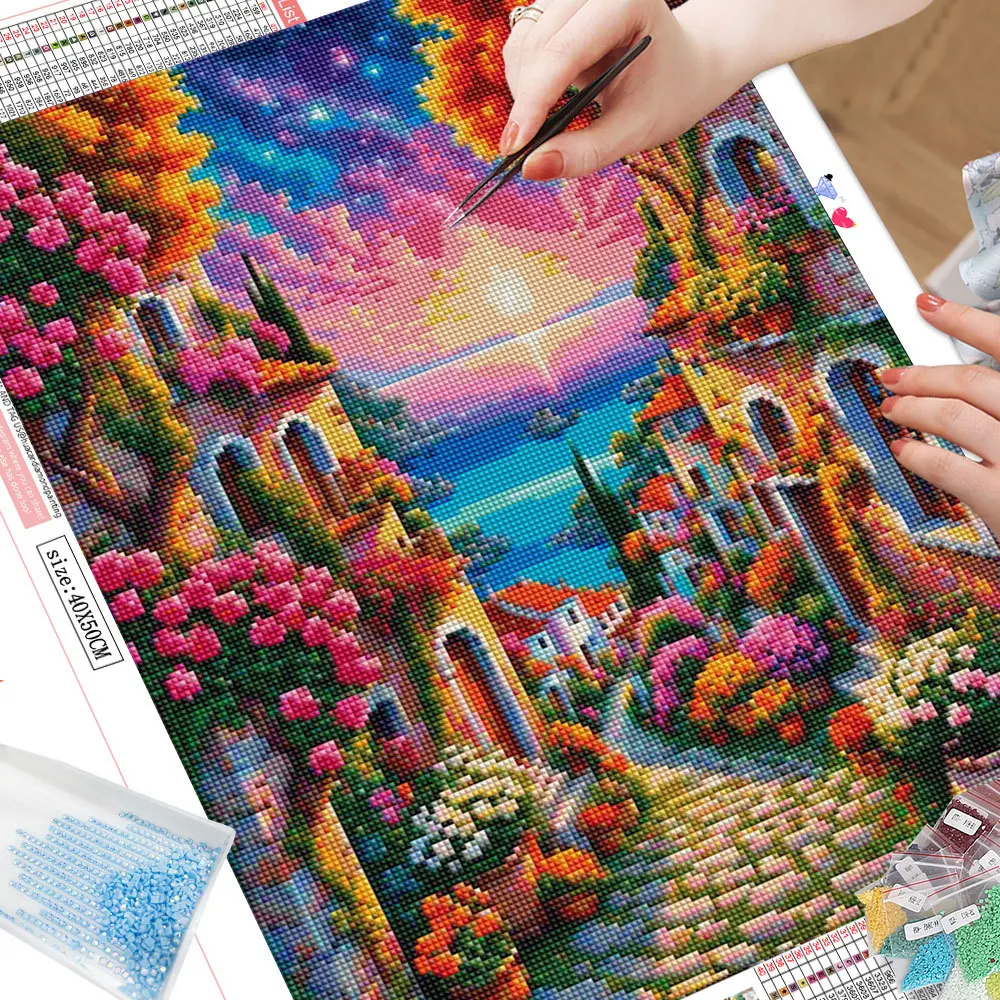 HUACAN Landscape Diamond Painting Set Flower Castle Lake Lighthouse Mosaic Full s Home Decor diamond painting