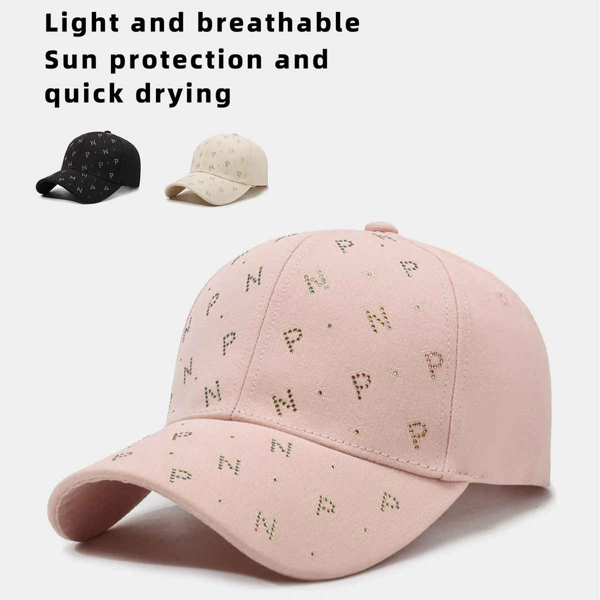 Deep-Top Baseball Hat for Women with Hard Top, Large Head Circumference, Small Face, Summer New Sunshade, Outdoor Letters, Hot Diamond Peaked Hat, Travel and Work Clothing
