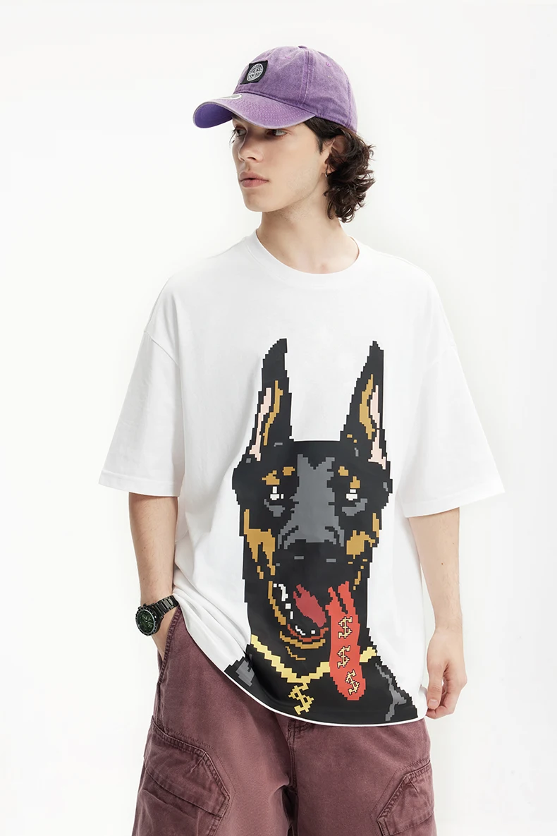 INFLATION Glow-in-the-Dark Doberman Print T-Shirt American Streetwear Loose Fit 100% Cotton Short Sleeve for Men