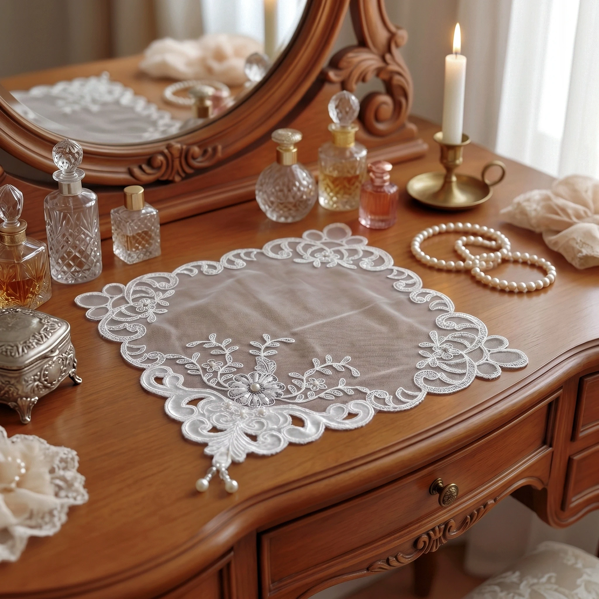 Lace Tablecloth 4Pcs 28x28 Pearl Trim Table Decor 4pcs Placemats Wedding White Lace Handmade Coasters Set Elegant Table Runner Square Table Cover Luxury Accessories For Table 5