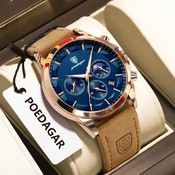 POEDAGAR New Trendy Man Wristwatch Waterproof Chronograph Luminous Date Men Watch Leather Luxury Military Quartz Watches For Men 1