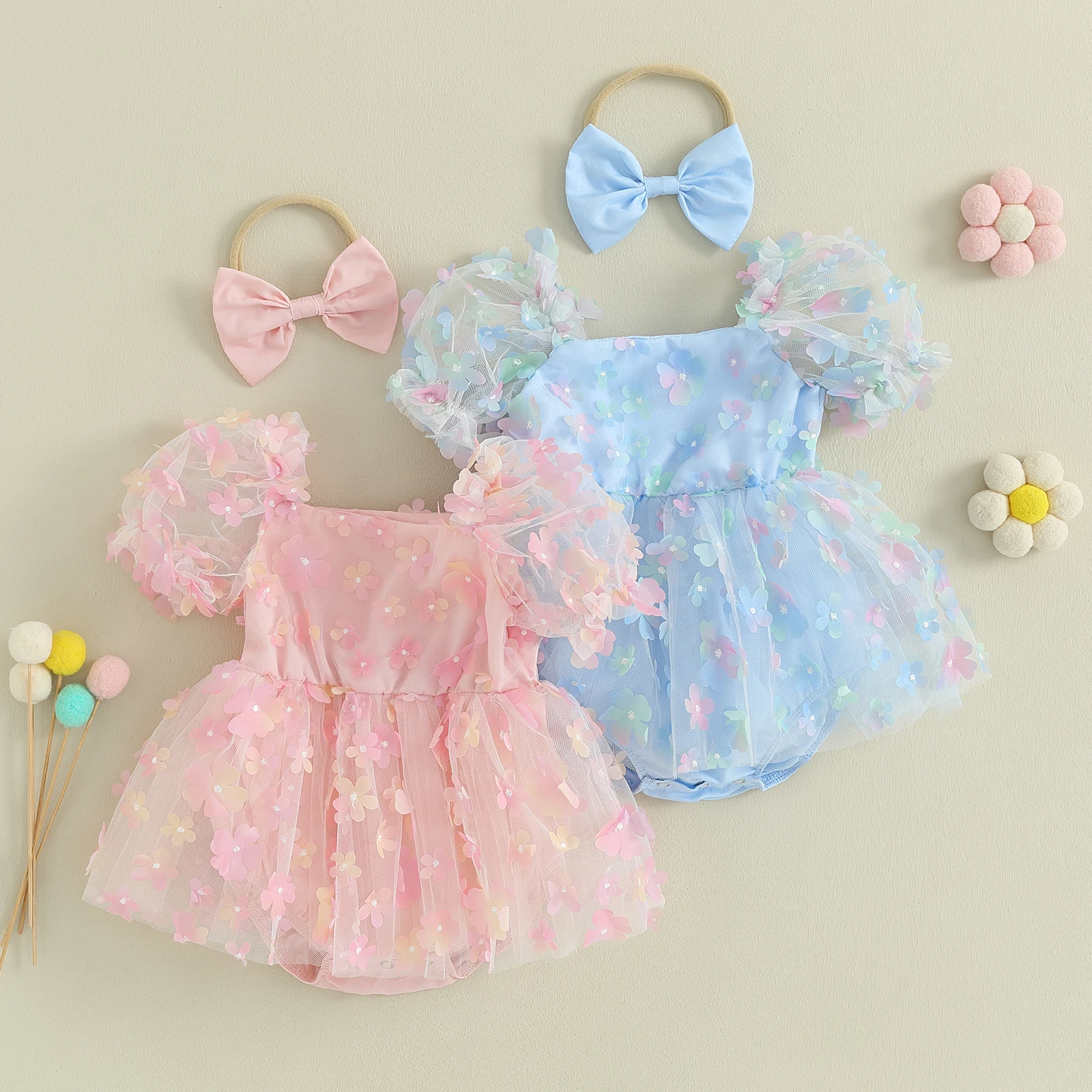 

0-18M Baby Girl Romper Dress Short Puff Sleeve 3D Flower Lace Mesh Tulle Jumpsuits with Headband Infant Summer Clothes