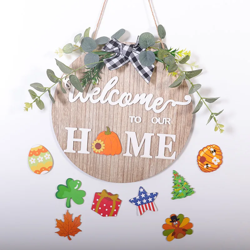 

Christmas Decorations Outdoor Indoor Wooden Round Garland Wreath Independence Day Halloween Xmas Replaceable DIY Door Ornaments