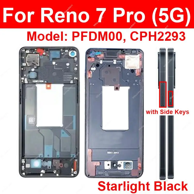 OPPO Reno7 Pro용 LCD 미들 프레임 하우징, 전면 프레임 미들 케이스, 측면 키 수리 부품, 5G PFDM00 CPH2293