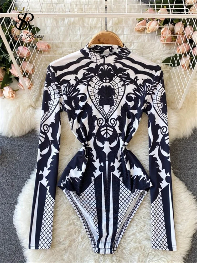 Singreiny Design Autumn New Print Rompers Women Stand Collar Long