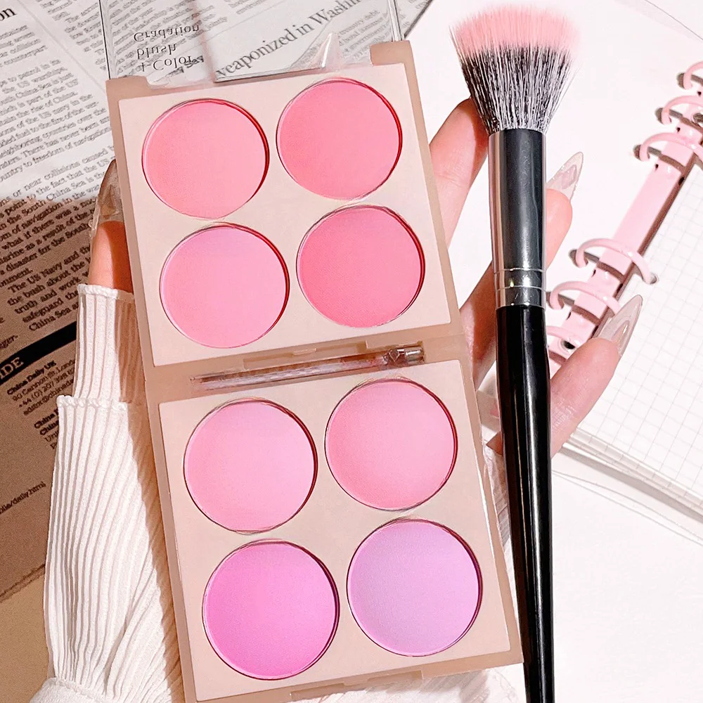 4-color matte blush powder peach pink coral blush Korean low saturation soft fog blush lighten create three-dimensional