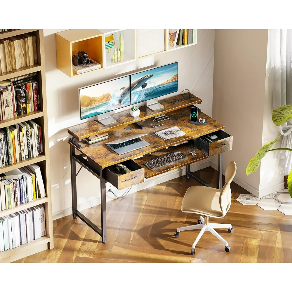 

Computer Desk with Drawers, 48 Inch Office Desk with Power Outlet, PC Desk with Keyboard Tray Desks