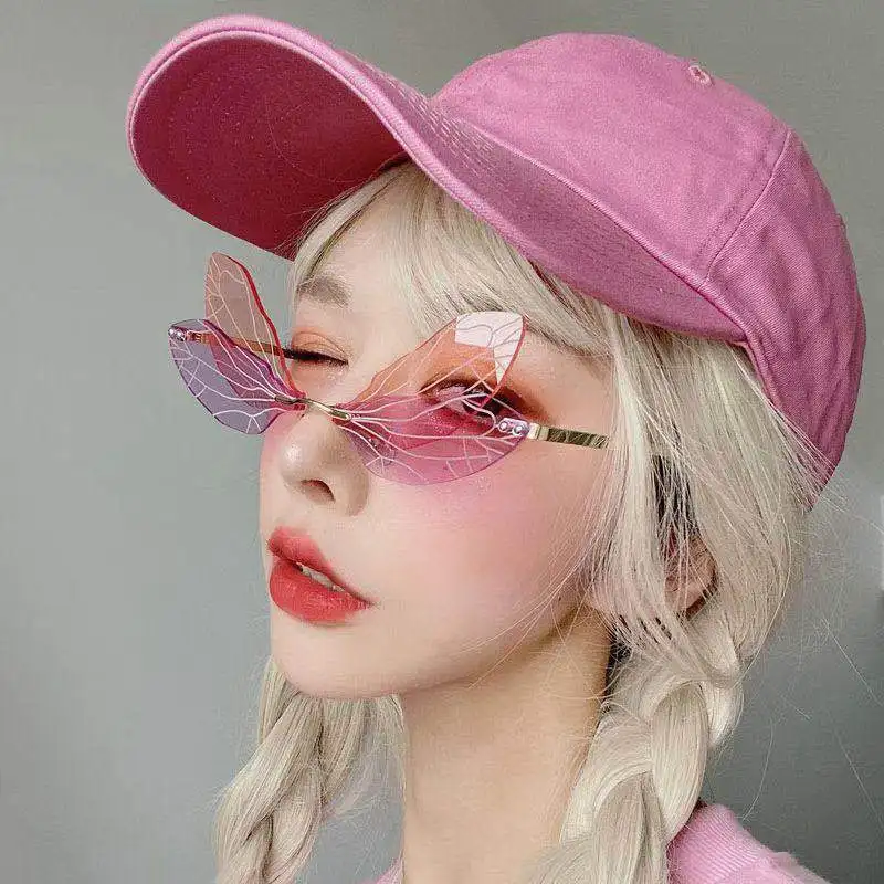 

asses Shades UV40Butterfly Sunglasses Rimless Dragonfly Wing Sunglasses Women Vintage Clear Ocean Lens Eyewear Men Pink Sun Gl0