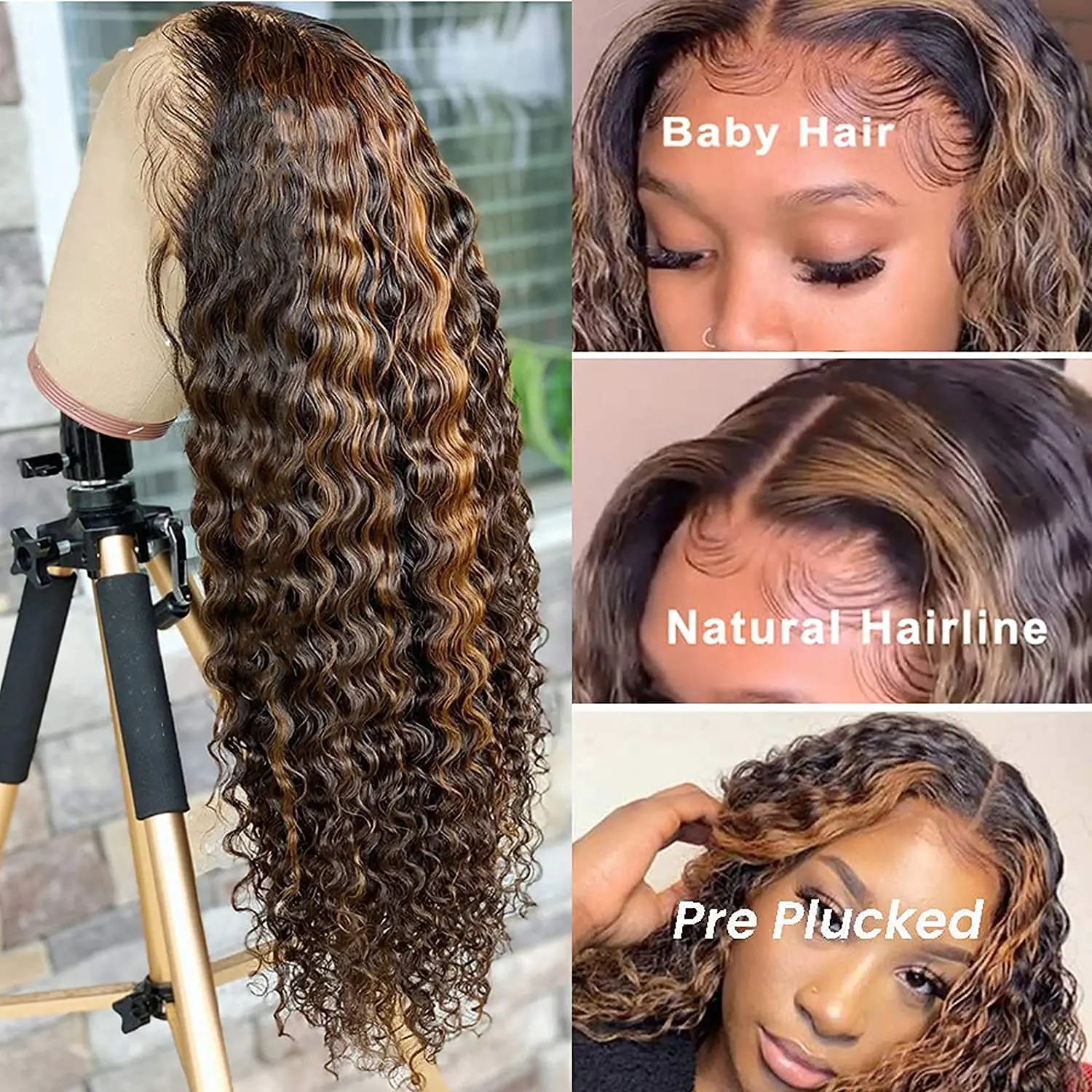 250% Density Highlight Human Hair Lace Front Wigs for Women Deep Wave 4/27 Ombre Colored Glueless Wigs Pre Plucked 26 Inch