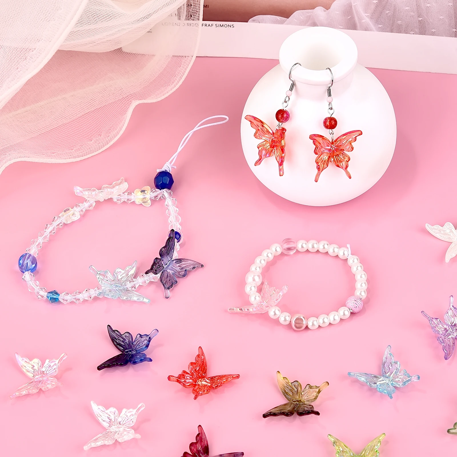 20pcs Transparent Gradient Color Butterfly Acrylic Beads Charms For DIY Jewelry Making Necklace Bracelet Keychain Accessories