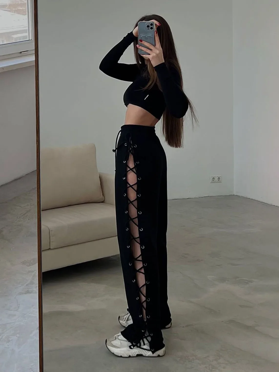 White Knitted Slit Hollow Sweatpants Women Solid Tie High Waist Loose Trousers Summer Casual Punk Streetwear Y2k Pants Joggers