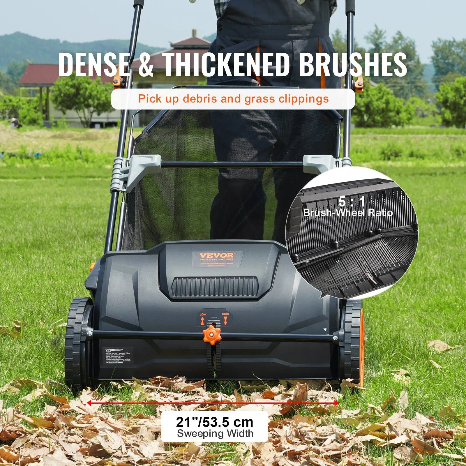 VEVOR Push Lawn Sweeper, 21-inch Leaf & Grass Collector, Strong Rubber Wheels & Heavy Duty Thickened Steel Durable to Use with L 3