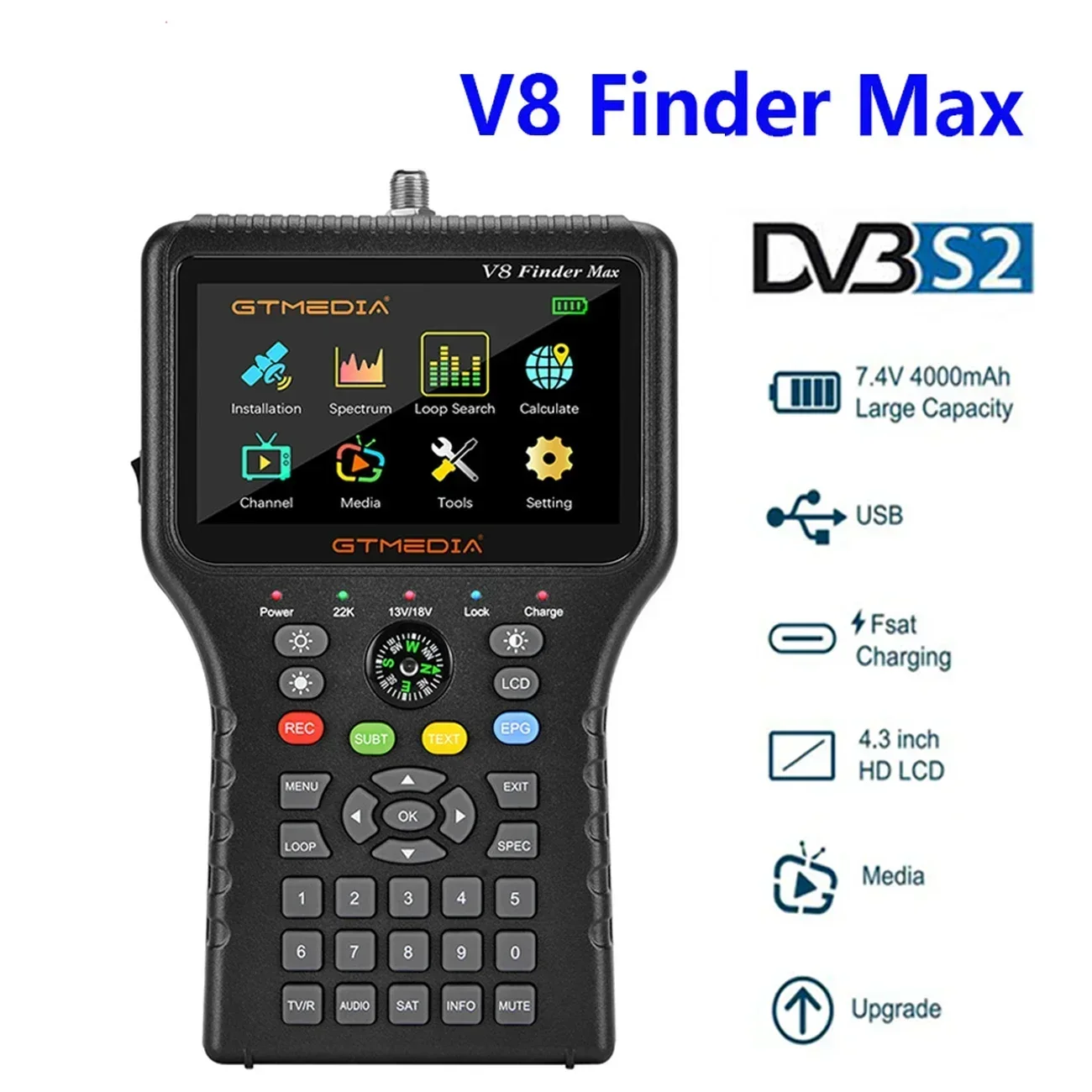 V8 Finder Max Satellite TV Signal Finder DVB-S/S2/S2X H.264/H.265 (8 bit) Satellite Meter 4.3 inch LCD Gtmedia TV tuners