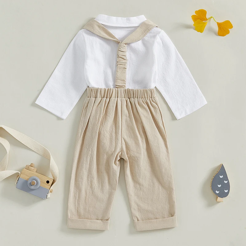 Baby Boy Gentleman Outfit Autumn Lapel Neck Long Sleeve Romper with Bowtie Elastic Waist Suspender Pants for Wedding Stage