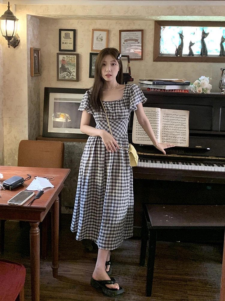 

Summer Square Collar Plaid Women Dress Fashion All-Matching Slim Fit Short Sleeve Temperament A-line Simple Cozy Female Frocks
