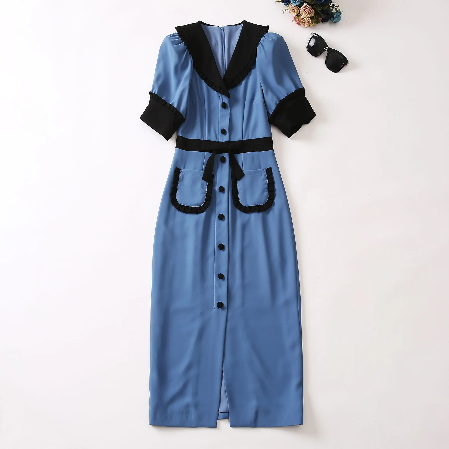 

European and American women's clothes 2023 summer new lapel Short sleeve single breasted fashion Blue Pocket Dress XXL
