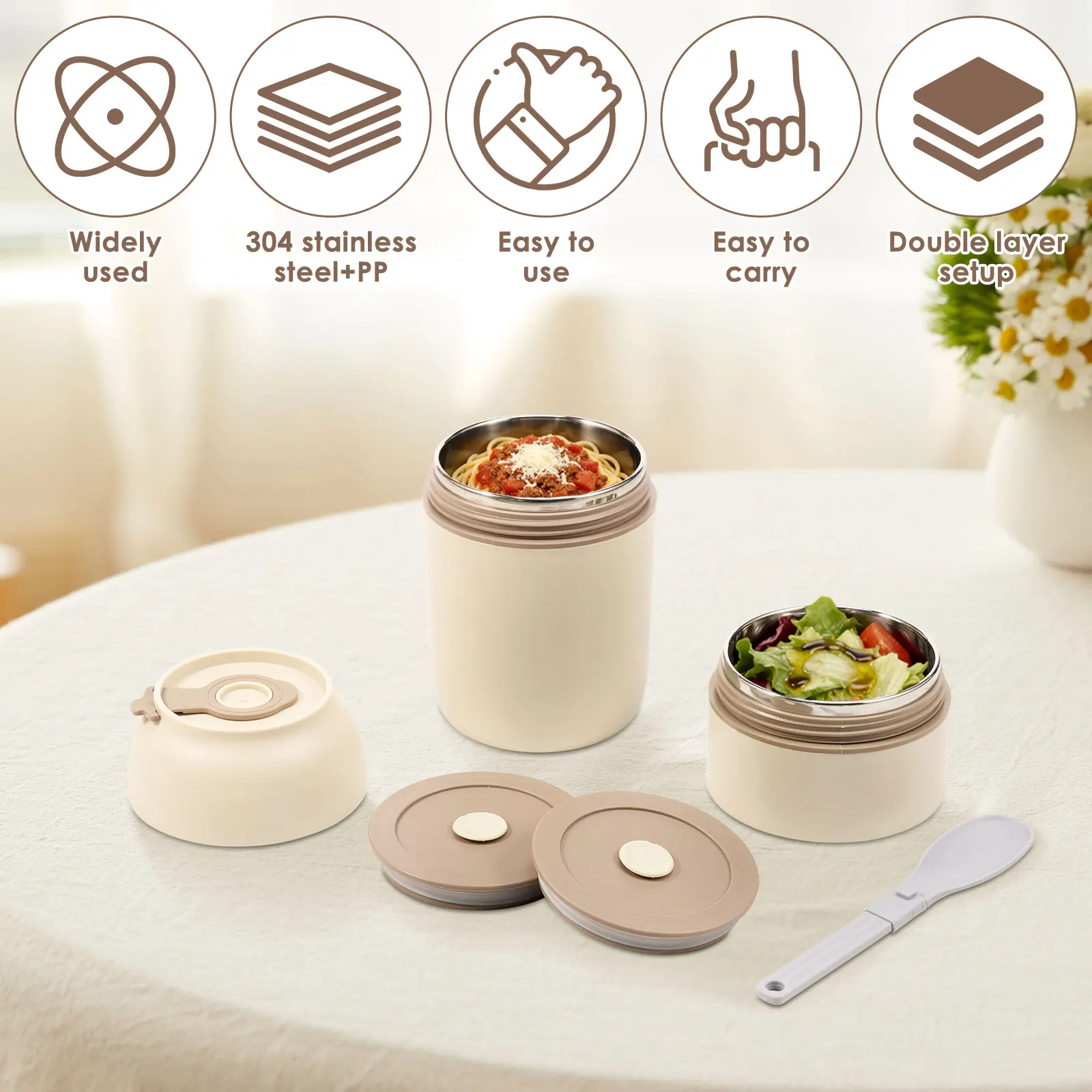 보온 도시락 용기 780ml 접이식 스테인리스 수저 세트 (어린이/성인용) 새지 않는 이중 챔버 시스템 도시락