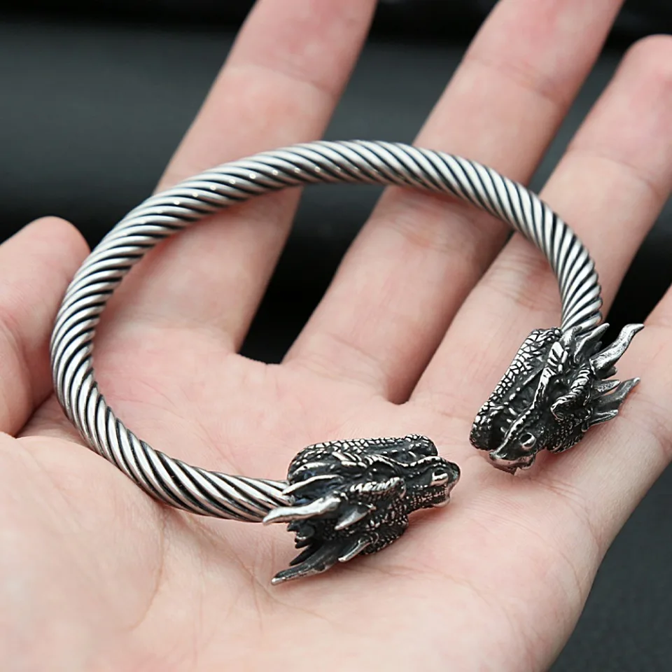 Vintage Viking Double Dragon Heads Bracelet Punk Stainless Steel Animal Open Bracelet for Men stainless steel bracelet bangle bracelet