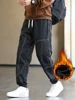 Thicken Men's Cargo Jeans Warm Fleece Fashion Large Pockets Bound Feet Sweatpants Male Drawstring Korean Plush Denim Trousers 4