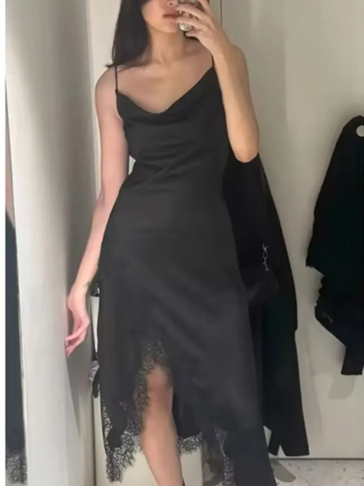 HH Women Fashion Asymmetric Hem Lace Long Dress Sexy Backless Sleeveless Suspender Dress Lady Chic Holiday Party Dresses