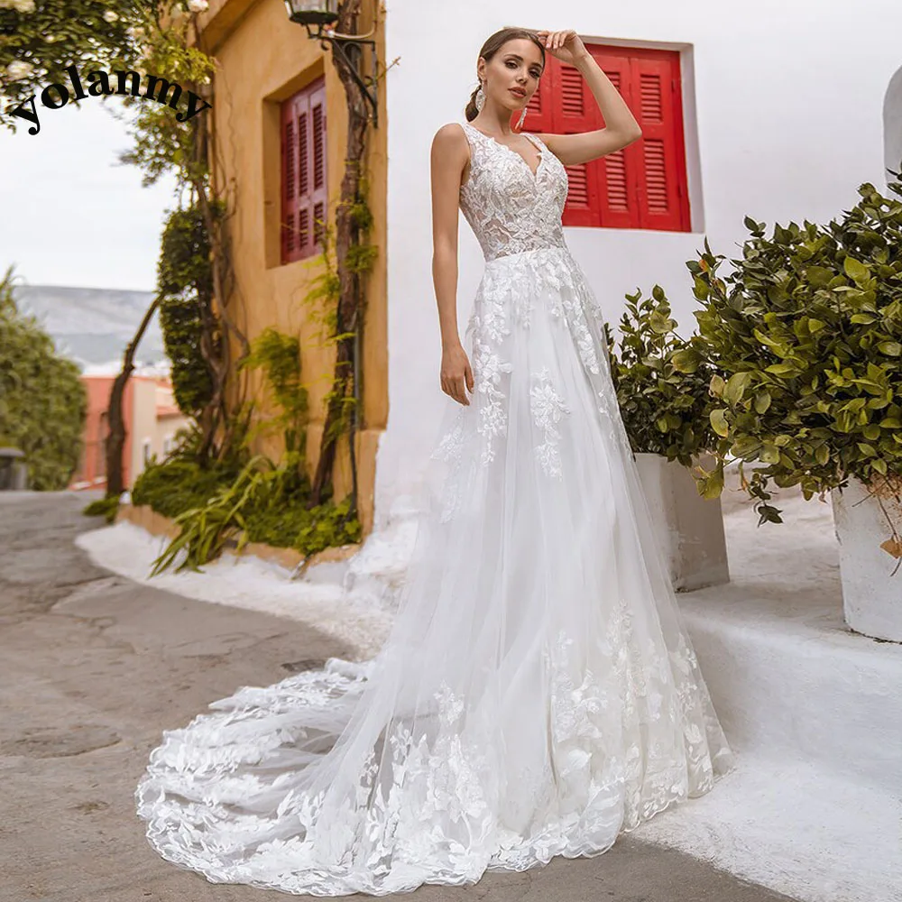 

YOLANMY Elegant Wedding Dresses V-neck Backless A-Line Appliques Chapel Train Bridal Gown Suknia slubna Customised Drop Shipping