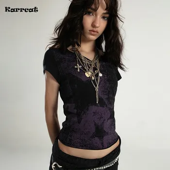 Karrcat Trashy Y2k Crop Top Grunge Estetica Star Stampa T-shirt Vintage Distressed Manica corta T-shirt Punk Gotico Streetwear 1