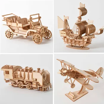3D Wooden Puzzle Kit – Sailing Ship, Biplane & Steam Train 1