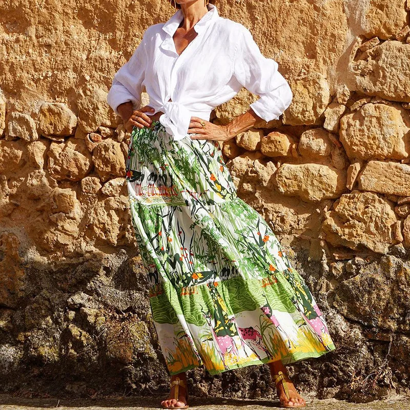 

2023 Spring and Autumn New Skirt Women Fashion Loose Pleated Stitching Skirt Women's Casual High Waist Print Ankle-Length Skirt