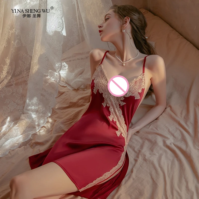 

Sexy Night Dress Lace Nightgown Women's Lingerie Backless Lace V-neck Nightwear Satin Nightdress Female Homewear Pajamas Costume