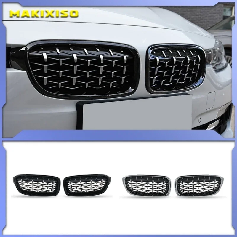 

A Pair Chrome Kidney Grilles Meteor Style Front Bumper For BMW 3 Series F30 F35 F31 2012-2018 Diamond Style Racing Grills