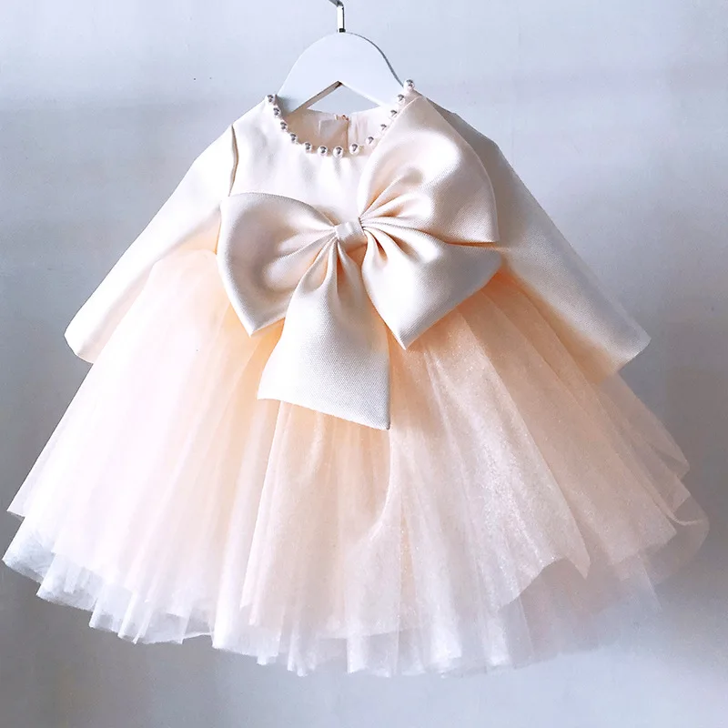 

New Children's First Year Dress Autumn and Winter Big Bow Performance Birthday Girl's Fashionable Long sleeved Pengpeng Princess