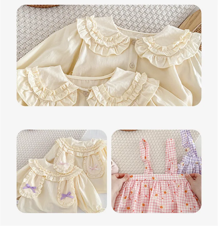 Puppe Kragen Langarm Baby Mädchen Top Zwei Stück Set Niedlichen Tier Gedruckt Hosenträger Shorts Neugeborenen Kinder Set Süße Kleidung – Detail 2