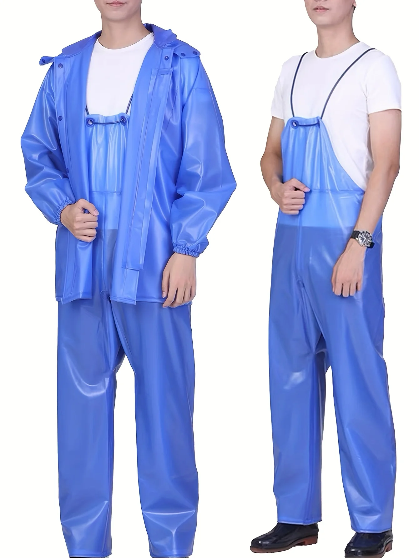 

Men's Cycling Suit, PVC Leather Waterproof Suspender Trousers + Button Up Hooded Raincoat For Mining Shipping Fish-farming