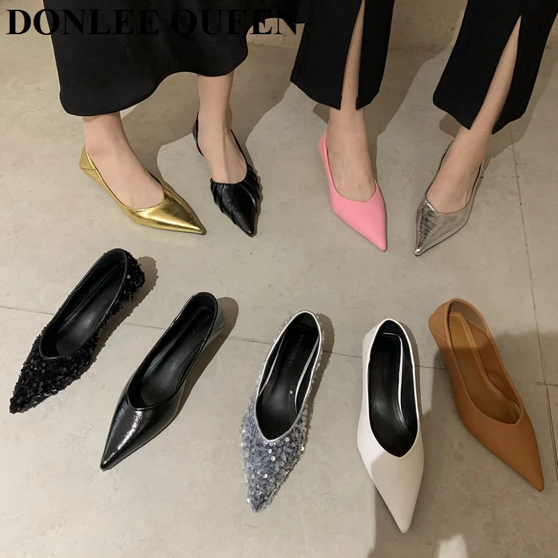 2023 Fashion Brand Décolleté Con Tacco Basso Scarpe Donna Donna Punta A Punta Slip On Shallow Ladies Party Dress Shoes Gold Sliver Zapatilla