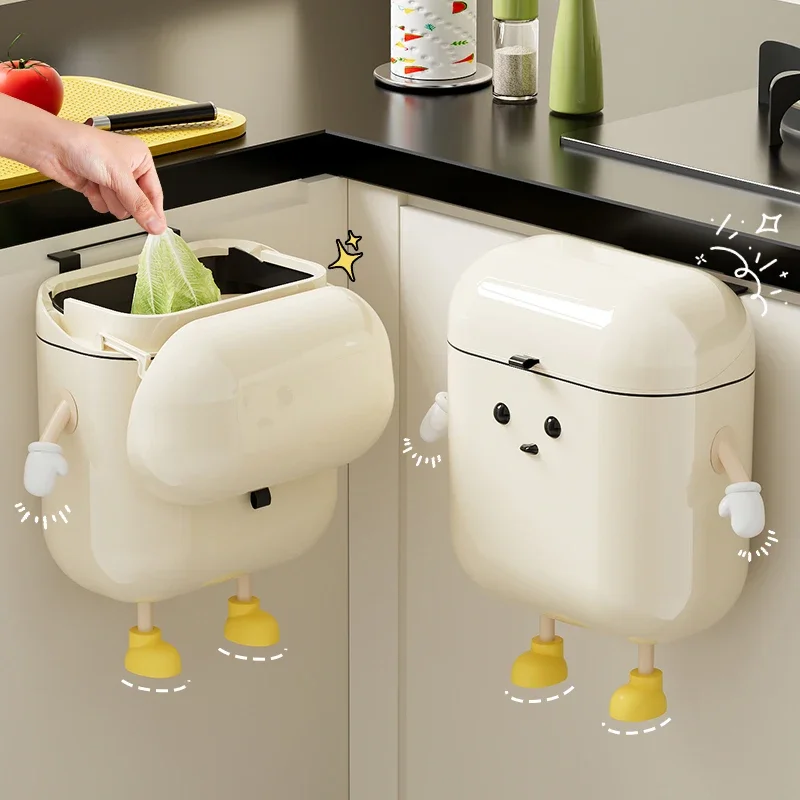 Wall-Mounted Kitchen Trash Can - 9L12L Cream with Lid for Food Waste  Bathroom Use