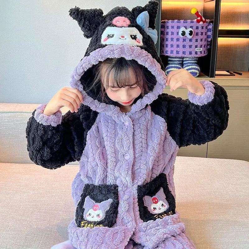 

Anime Sanrioed My Melody Kuromi Kids Fleece Pajamas Cinnamoroll Boy Girl Flannel Homewear Autumn Winter Thicken Warmth Sleepwear