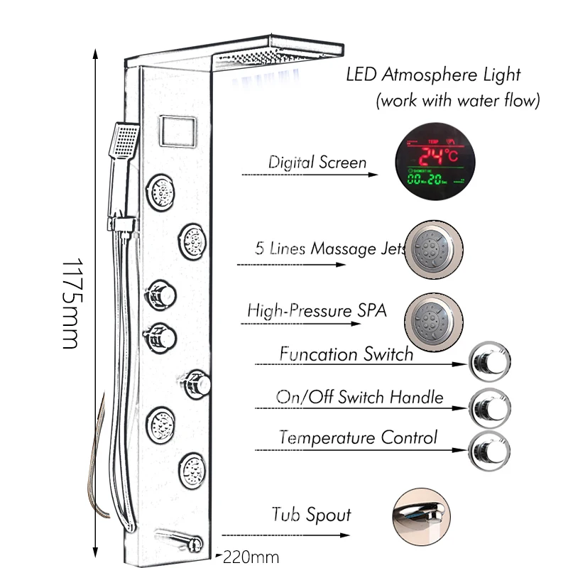 OUIO Black Shower Panel Wall Mounted LED Rainfall Shower Head Rain Massage Stainless Steel Bathroom Shower Panel Bathtub Mixer 3