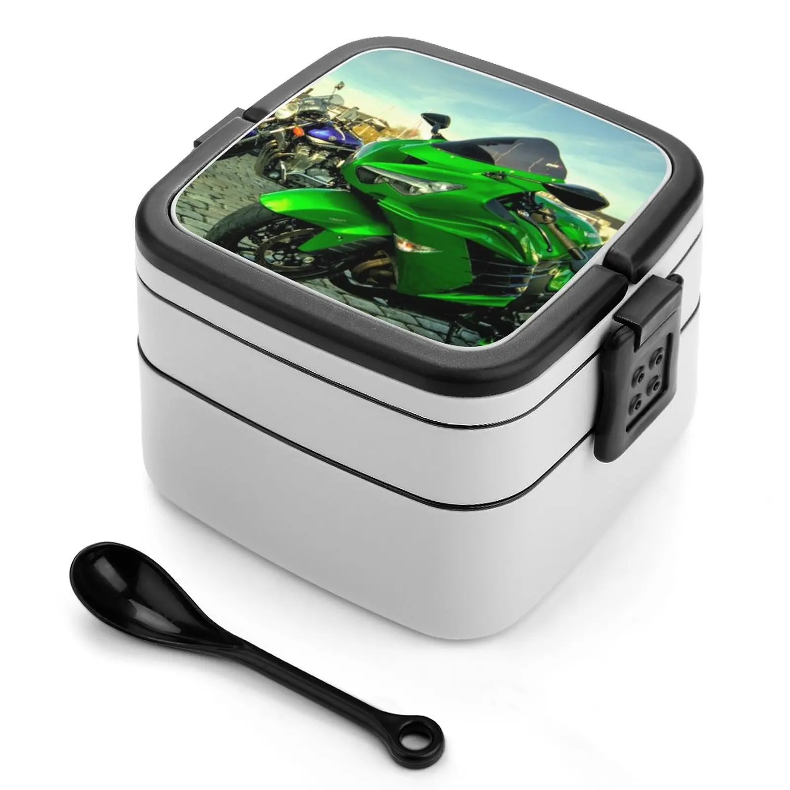 Zzr 1400 Bento Box School Kids Office Worker 2 Strati Food Storage Box Zzr 1400 Moto Moto Motor Bike Cycle Green