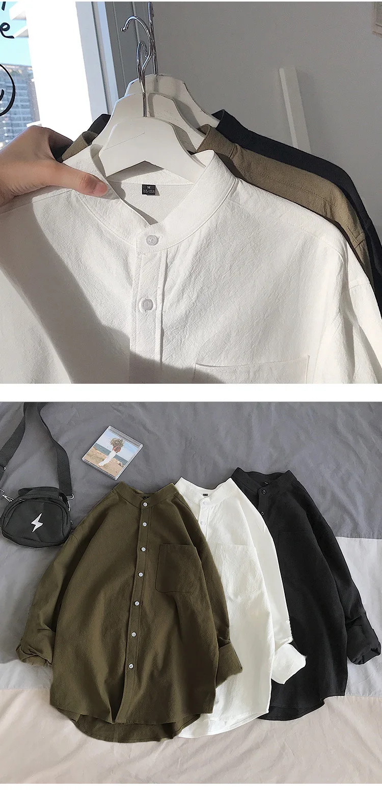Simple Design Solid Colors Long Sleeve Shirts Korean Fashion Mandarin Collar 100% Cotton White Black Shirt Soft and Comfort