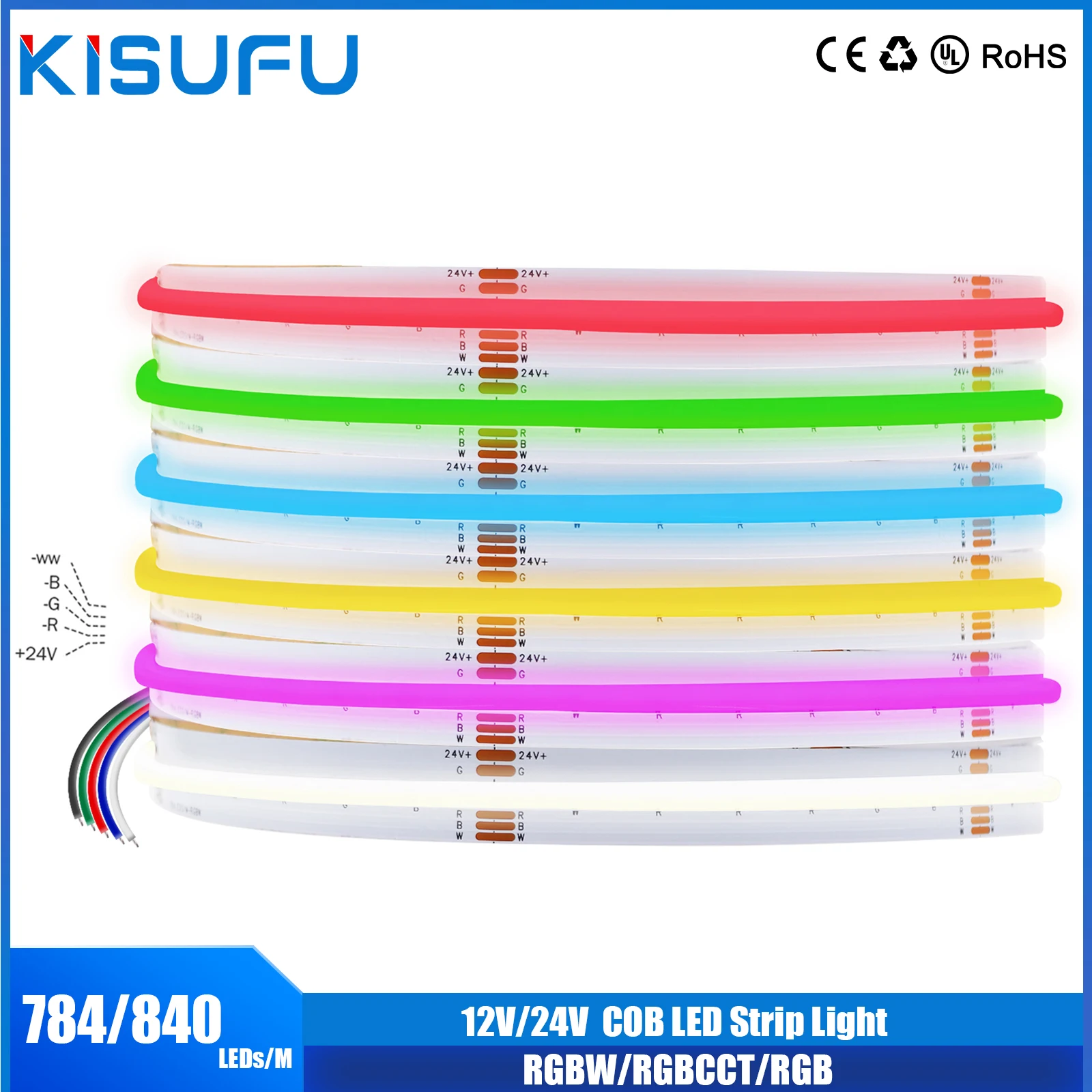 5V 12V 24V COB LED Strip RGB RGBW RGBWW RGBCCT Nastro Flessibile Led 840 784 576LED/M Luci LED FOB Ad Alta Luminosà Per La Stanza - Foto 7