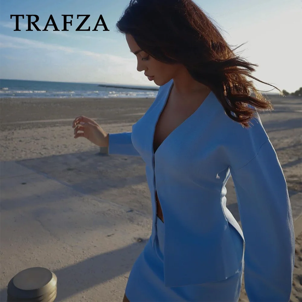 TRAFZA 2025 Spring Summer Sexy Solid Knitted Women Suits Fashion Nightclub V Neck Single Breasted Shirts+Chic Mini Pencil Skirts 5