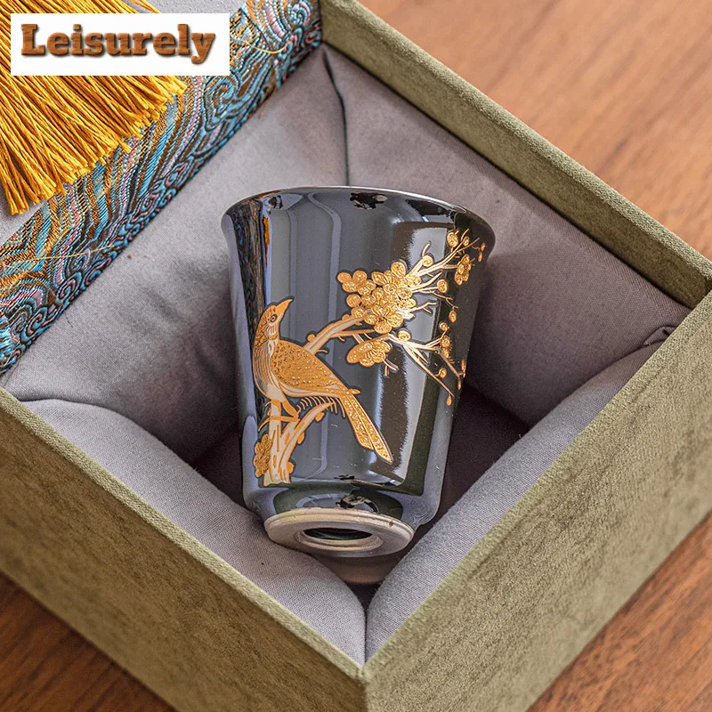 50ml High End 999 Gilded Silver Teacup Wedding Eyebrow Straight Tube Cup Single Master's Mug Small Drinking Kung Fu Tea Set Gift