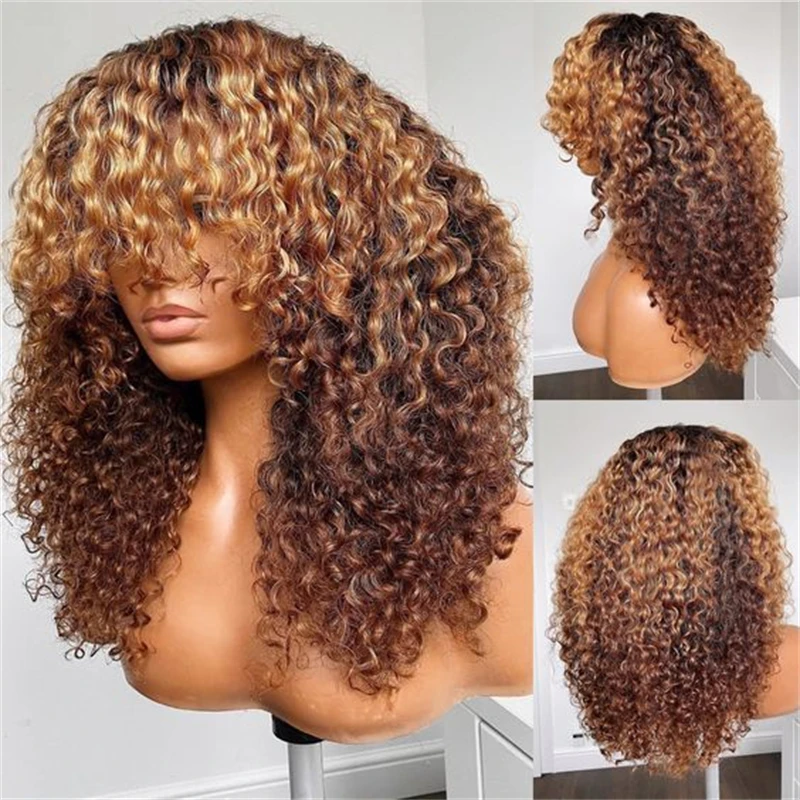 

Soft Ombre Blond 26 Inch Long Kinky Curly Machine Wig With Bangs For Black Women High Temperature Fiber Cosplay Glueless Daily