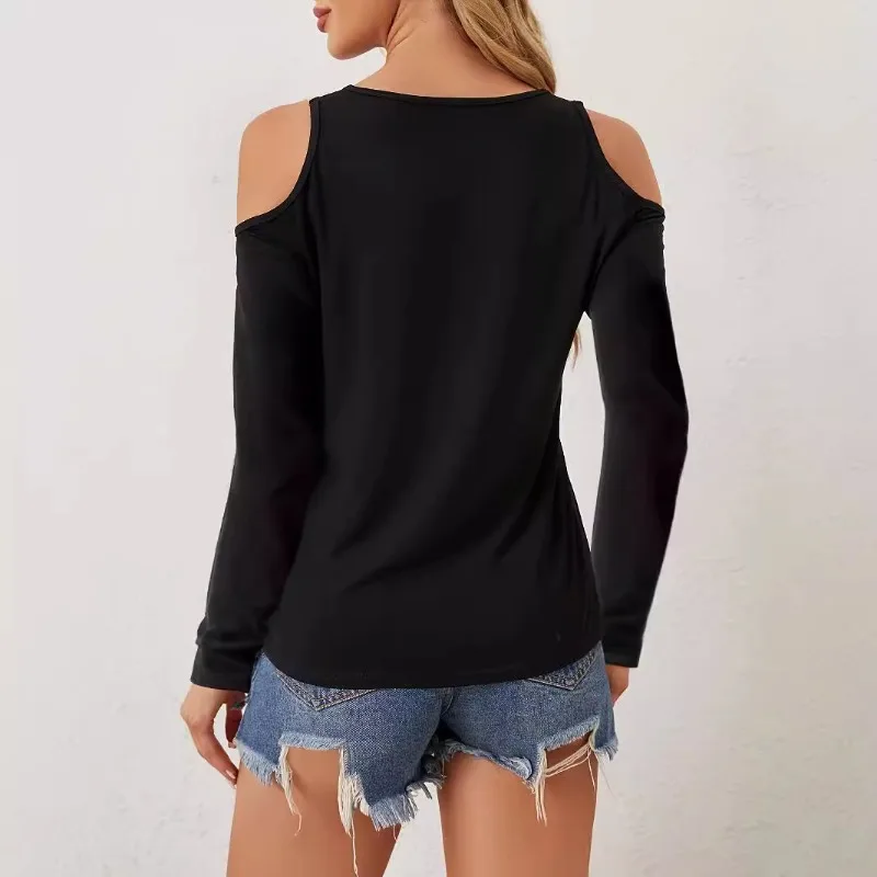 2026 New Spring and Summer Lace Splicing V-neck Off-the-shoulder Long-sleeved T-shirt Elegant Solid Color Simple Women's Top