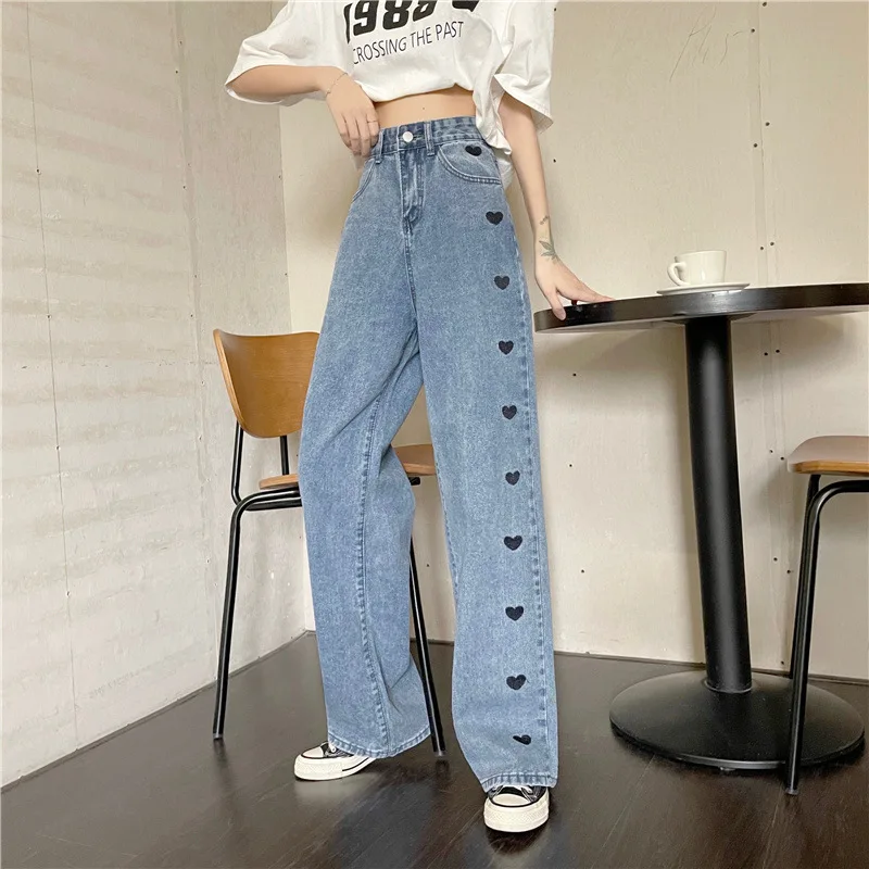 Women's Jeans Button High Waisted Jeans for Women Y2k Trousers for Girls Wide Leg Jeans Long Pants High Waist Embroidered Heart buckle jeans