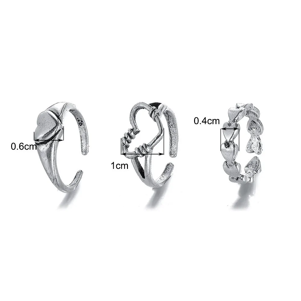 Fashion Goth Heart Rings Set Silver Color Hollow Cute Love