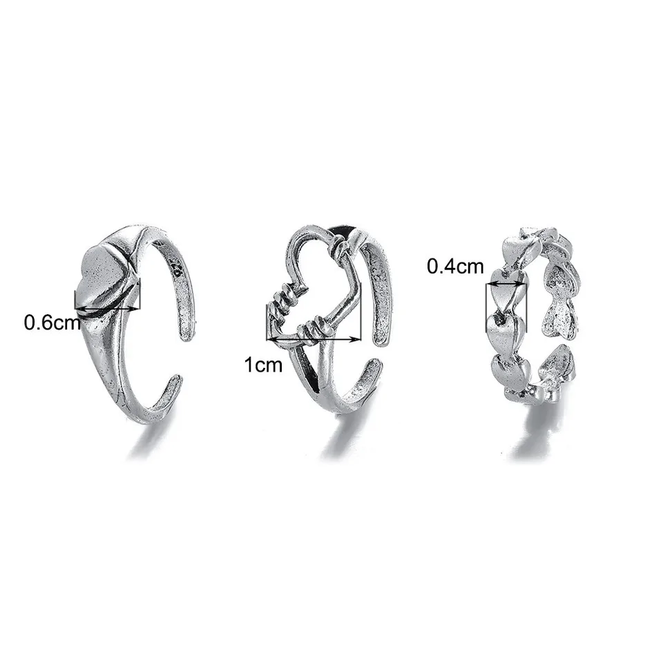 Fashion Goth Heart Rings Set Silver Color Hollow Cute Love
