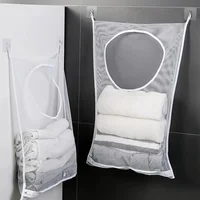Dirty Clothes Storage Bag Basket Frame Bucket Foldable Mesh Laundry Bathroom Wall Hanging Household Clothing Organizer with Hook 2