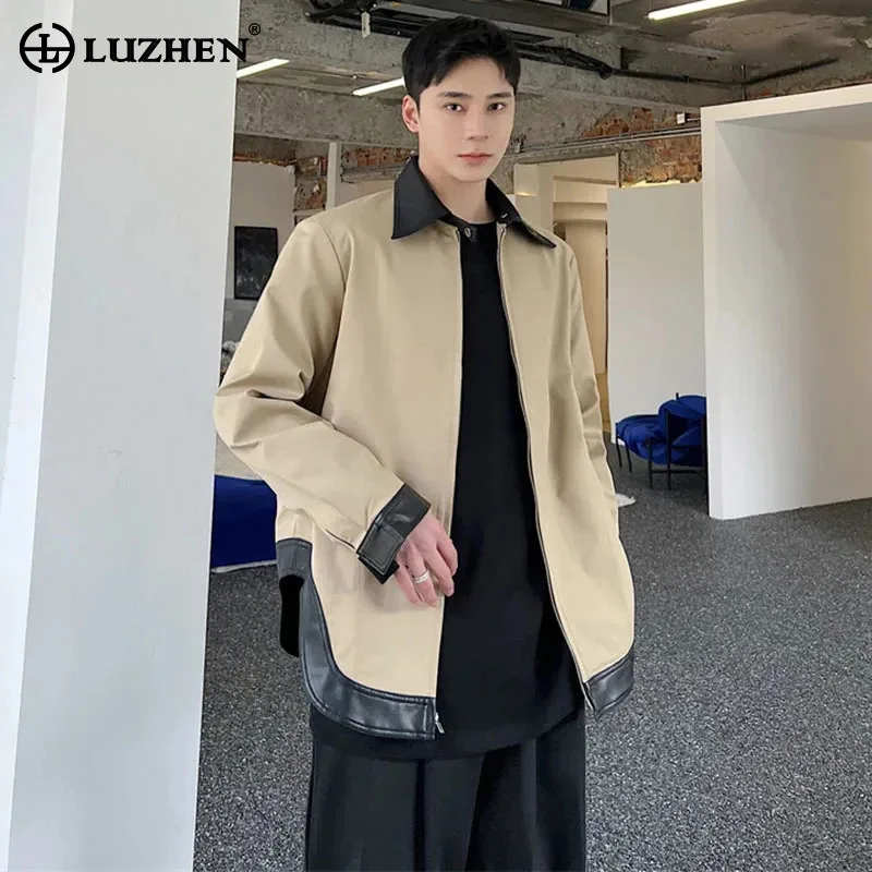 

LUZHEN 2024 Весенняя модная верхняя одежда для мужчин элегантная Асимметричная кожаная Pu подол контрастные цвета Сращивание Дизайнерская куртка Стильная Ea4b28